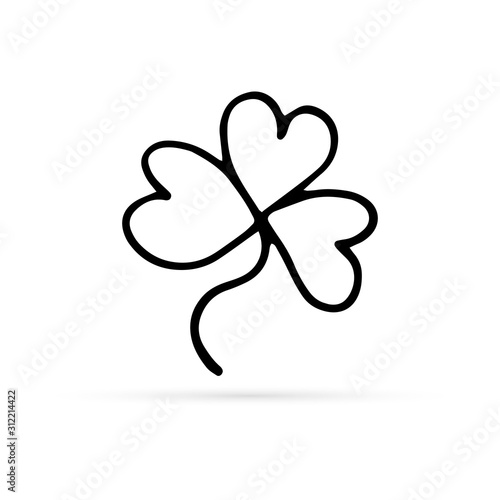 doodle leaf of clover icon isolated on white for patrick day, eco logo, outline kids hand drawing art line, coloring sketch, vector stock  illustration
