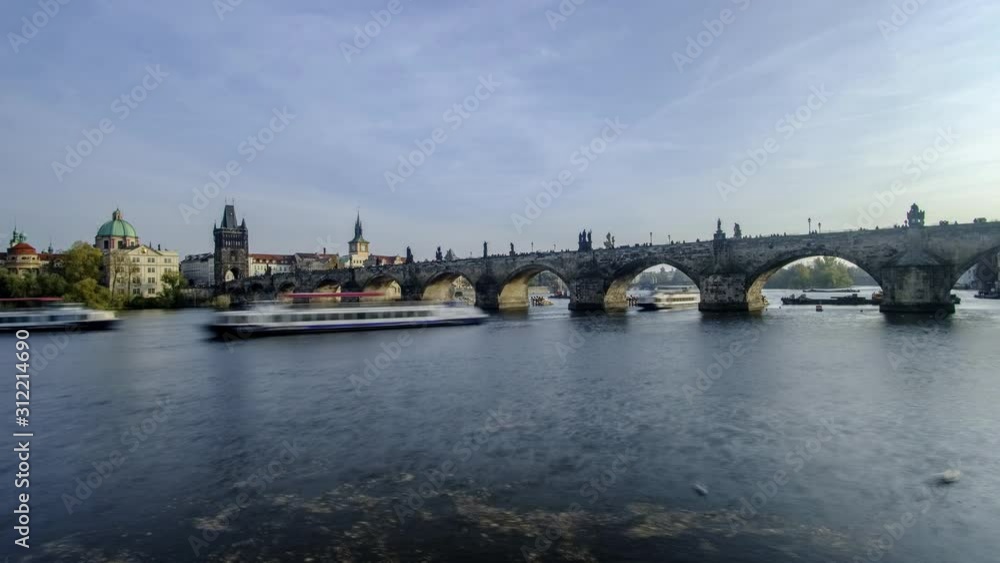 Scenic cinematic timelapse with Charles bridge (Karluv most) and Vlatva river in capital of Czech Republic Prague. Beautiful summer sunny cityscape of the biggest city of Czechia Scenic cinematic timelapse with Charles bridge (Karluv most) and Vlatva river in capital of Czech Republic Prague. Beautiful summer sunny cityscape of the biggest city of Czechia