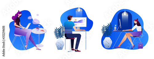 People work and interacting with graphs, icons and devices. Data analysis and office situations. 3D Isometric vector illustration set. Mobile application and website header images on white background.