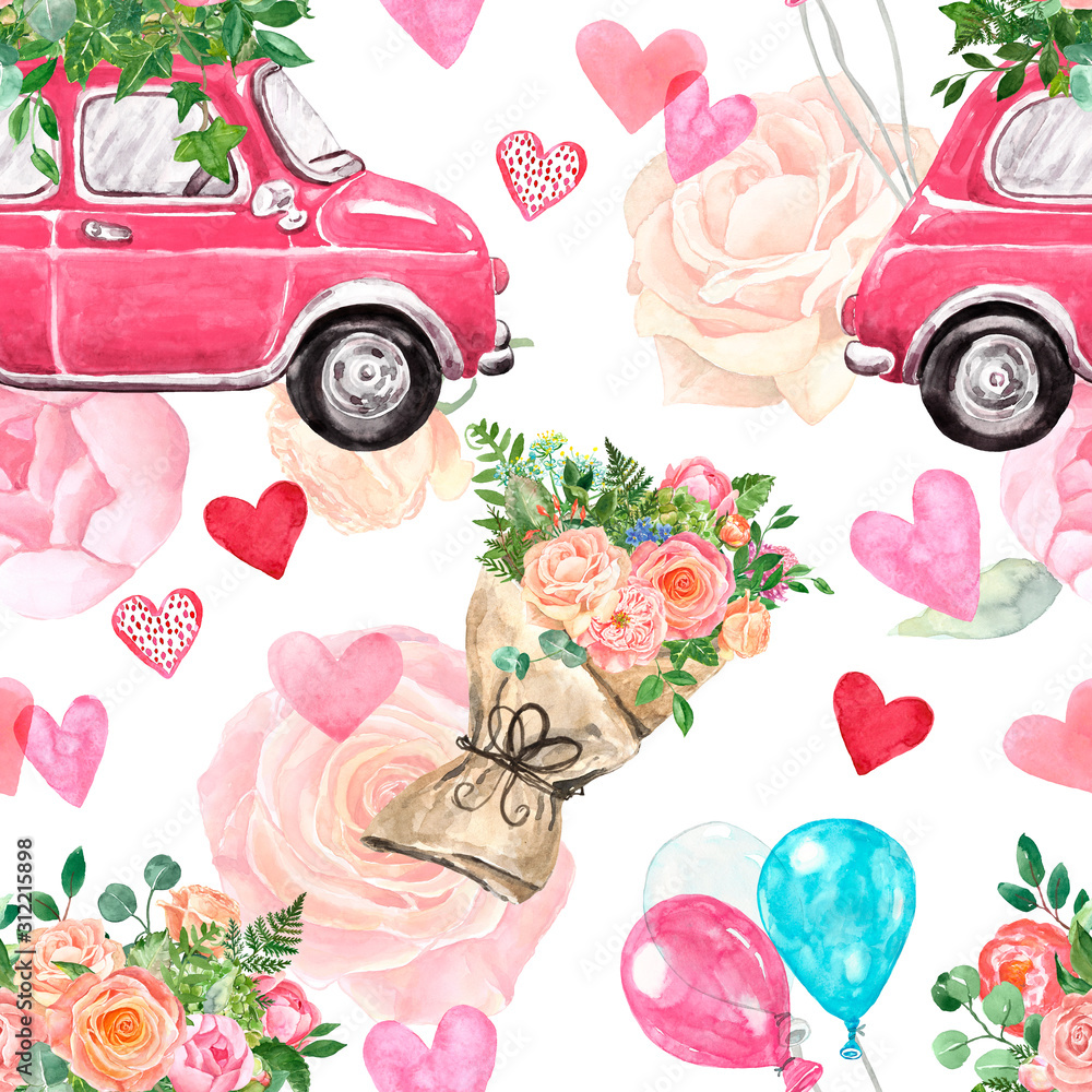 Valentines day hand painted seamless pattern. Watercolor car, pink rose, balloons, floral bouquet, hearts on white background. Love themed illustration for holiday design. Romantic print. Valentines day hand painted seamless pattern. Watercolor car, pink rose, balloons, floral bouquet, hearts on white background. Love themed illustration for holiday design. Romantic print.