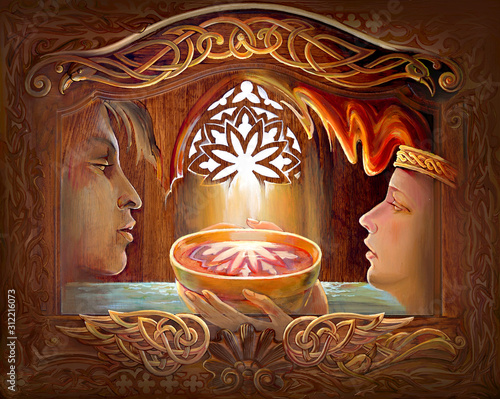 Tristan and Isolde. Oil painting on wood. Illustration of ancient Celtic legend from the 12th century. Love story.  photo