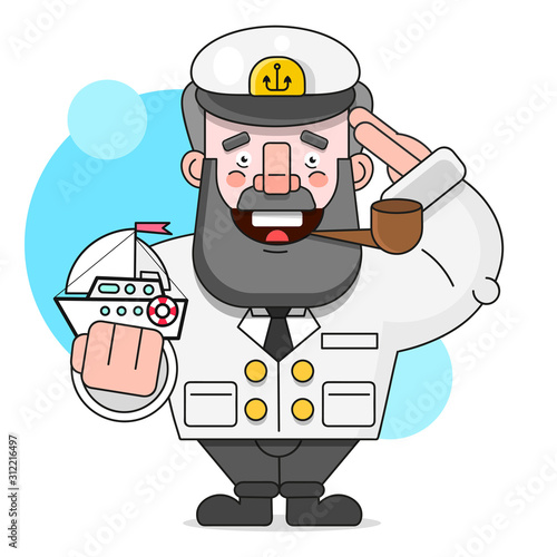 Captain With A Pipe And A Ship. Illustration Isolated On White Background Suitable For Greeting Card, Poster Or T-shirt Printing.