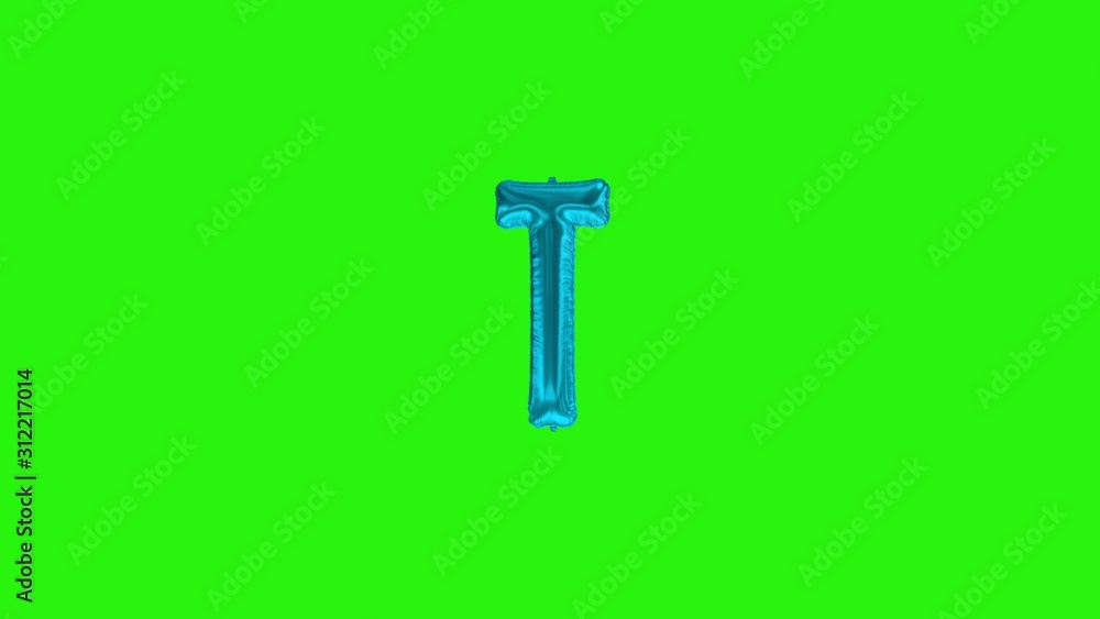 Blue letter T. Blue foil helium balloon alphabet floating on green screen Blue letter T. Blue foil helium balloon alphabet floating on green screen