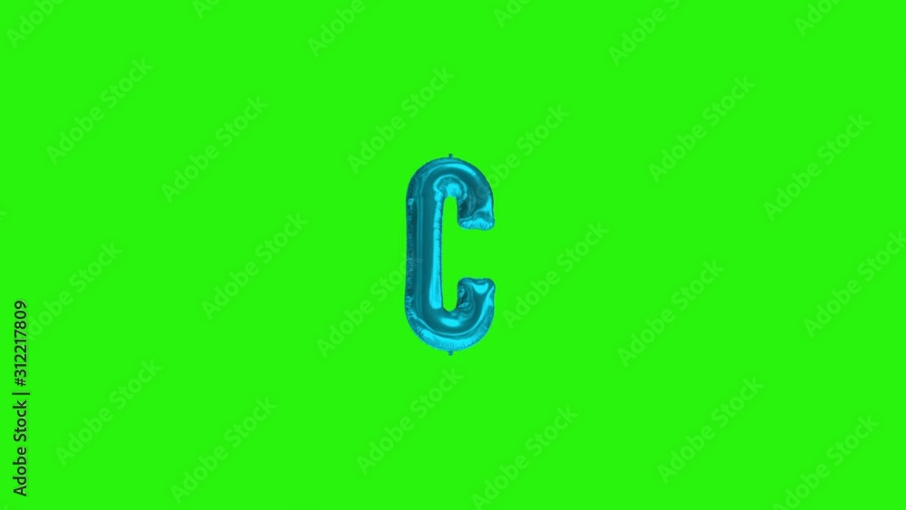 Blue letter C. Blue foil helium balloon alphabet floating on green screen Blue letter C. Blue foil helium balloon alphabet floating on green screen