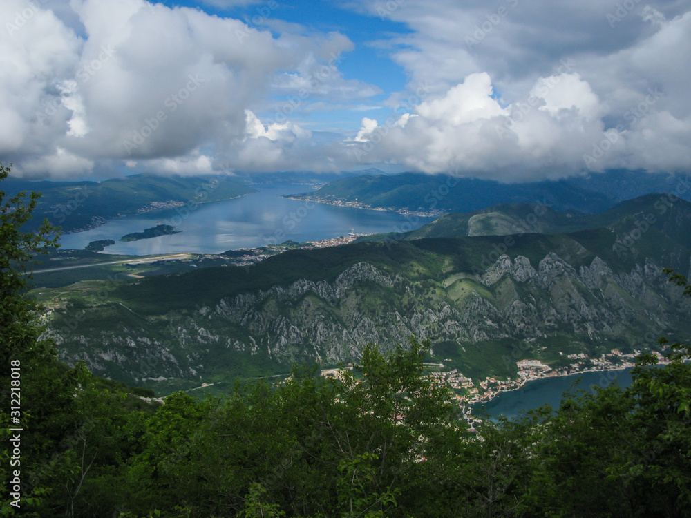 panoramic view of Kotor Bay and Kotor city, Montenegro, Mediterranean Sea from mountain top