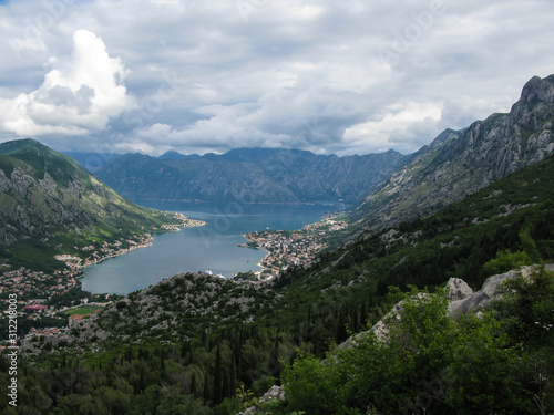 panoramic view of Kotor Bay and Kotor city  Montenegro  Mediterranean Sea from mountain top