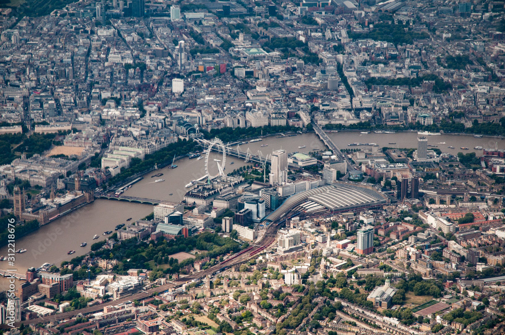 Aerial view of central London around Waterloo Station and surrounds