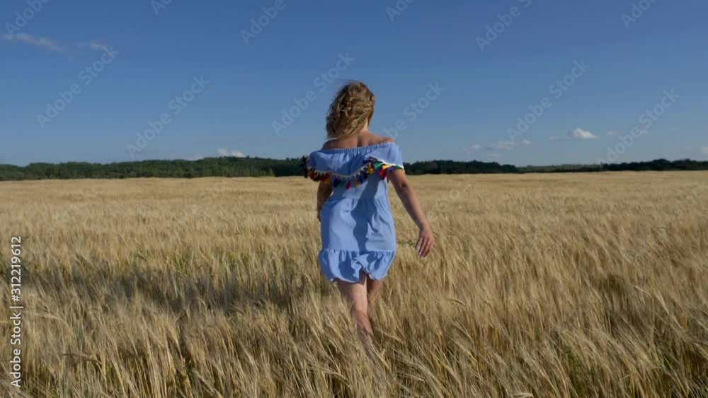 beautiful girl walks across field of ripe wheat. beautiful girl walks across field of ripe wheat.