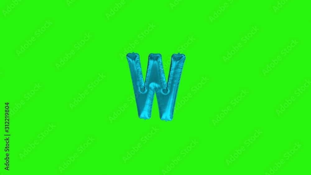 Blue letter W. Blue foil helium balloon alphabet floating on green screen Blue letter W. Blue foil helium balloon alphabet floating on green screen