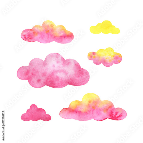 A set of multicolored clouds. Pink,  yellow. A fabulous sky.Watercolor illustrations isolated on white background.