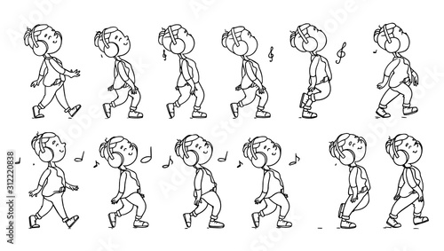 Collection of listening to music teenager icons. Animation sprite set frame loop. Dance. Music. Flat cartoon style. Side view. Simple design. Vector