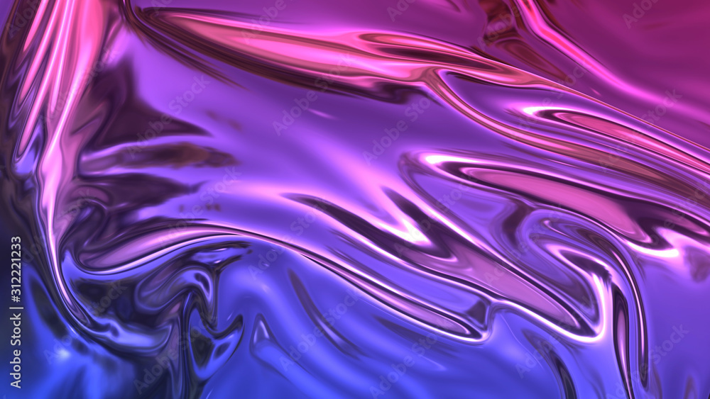 3D render beautiful folds of foil with gradient iridescent blue red color  in full screen, as clean fabric abstract background. Simple soft material  with crease like waves on liquid surface. 108 Stock