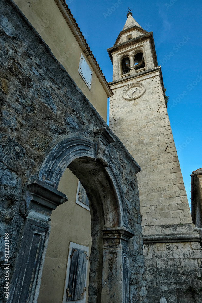 Catholic St. Ivan church in old town in Budva, Montenegro.