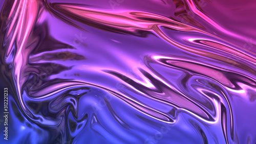 3D render beautiful folds of foil with gradient iridescent blue red color in full screen, as clean fabric abstract background. Simple soft material with crease like waves on liquid surface. 108