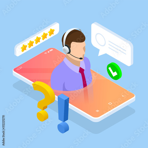Isometric wen banner with Online supportconcept. Support service help assistance guidance. Call center agent browsing.