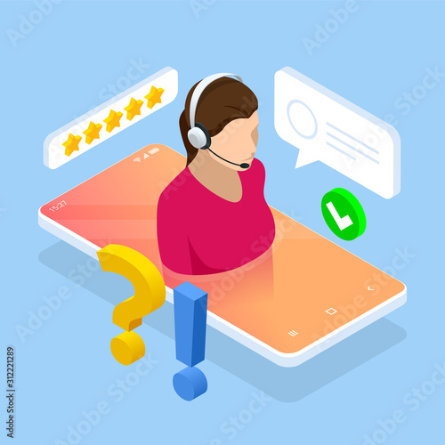 Isometric wen banner with Online supportconcept. Support service help assistance guidance. Call center agent browsing.