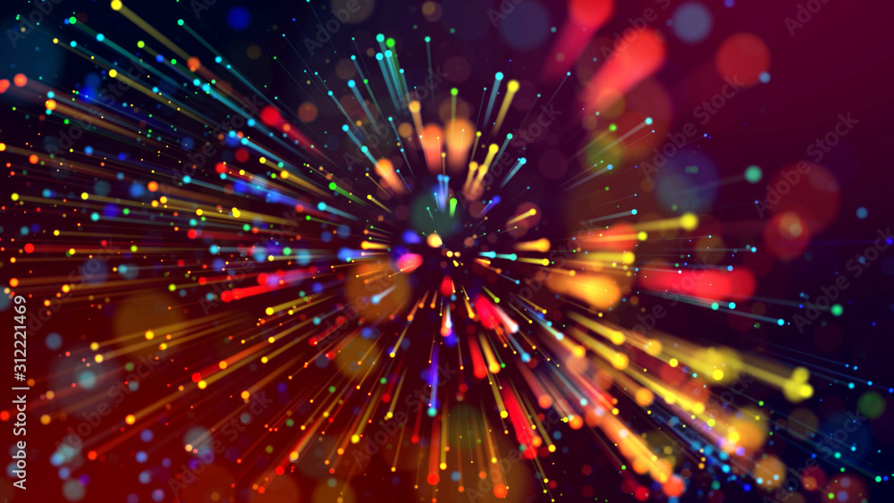 3d abstract beautiful background with light rays colorful glowing particles, depth of field, bokeh. Abstract explosion of multicolored shiny particles or light rays like laser show. 3d abstract beautiful background with light rays colorful glowing particles, depth of field, bokeh. Abstract explosion of multicolored shiny particles or light rays like laser show.