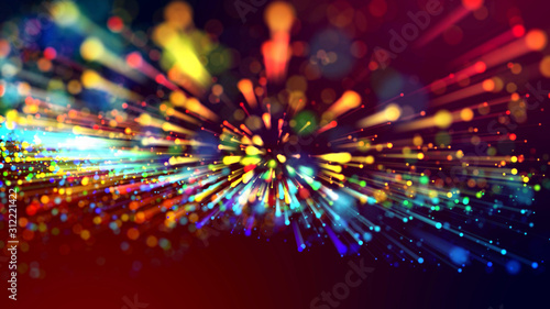 3d abstract beautiful background with light rays colorful glowing particles, depth of field, bokeh. Abstract explosion of multicolored shiny particles or light rays like laser show.