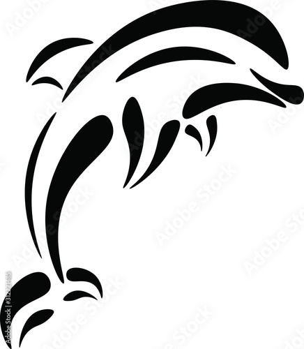 Black and white vector illustration of dolphin jumping on the wave. Monochrome dolphin isolated on white background. Logo template.