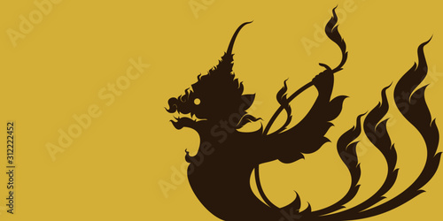 Silhouette Thai pattern Garuda shape adapt with flame shape on gold background, Thai art vector, Line thai