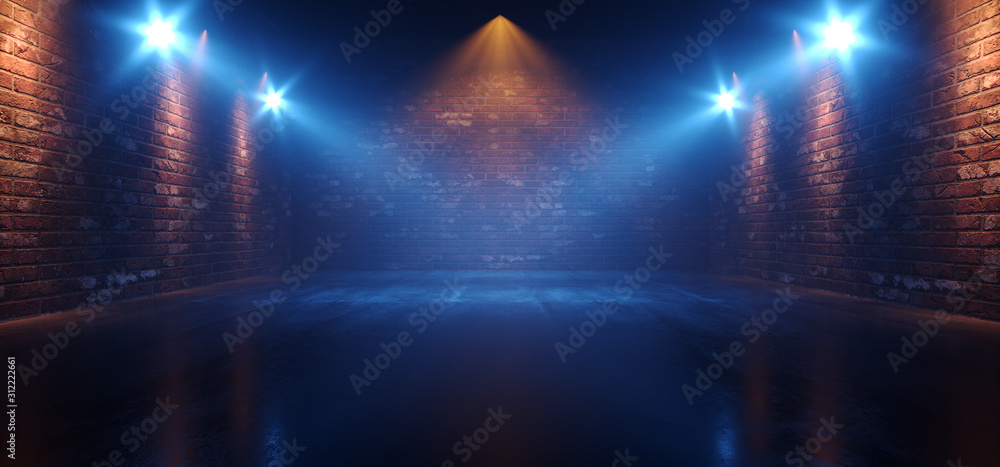 Neon Retro Brick Walls Club Mist Dark Foggy Empty Hallway Corridor Room Garage Studio Dance Glowing Blue Orange Spot Lights Concrete Floor 3D Rendering Neon Retro Brick Walls Club Mist Dark Foggy Empty Hallway Corridor Room Garage Studio Dance Glowing Blue Orange Spot Lights Concrete Floor 3D Rendering