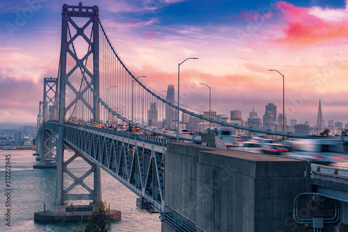 Wonderful view from the height of Oakland Bridge in San Francisco at sunset photo