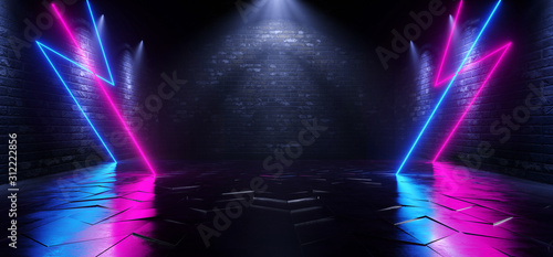 Retro Dance Floor Stage Mist Foggy Smoked Stage Dark Neon Laser Beams Futuristic Sci Fi Glowing Blue Purple Spot Lights Empty Space Cyber Background 3D Rendering