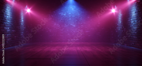 Fototapeta Naklejka Na Ścianę i Meble -  Neon Retro Brick Walls Club Mist Dark Foggy Empty Hallway Corridor Room Garage Studio Dance Glowing Blue Purple Spot Lights Concrete Floor 3D Rendering