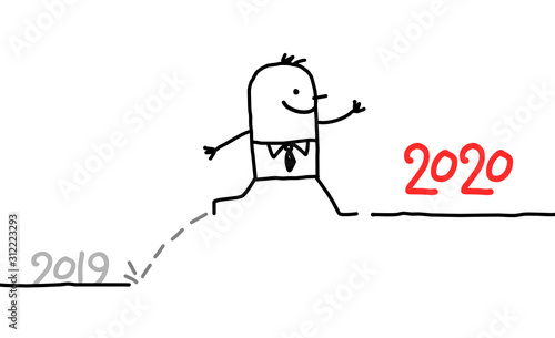 HAPPY CATOON BUSINESSMAN JUMPING TO 2020 LEVEL