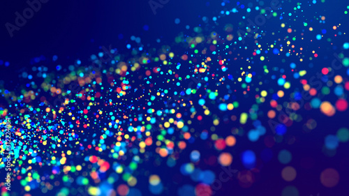 cloud of multicolored particles fly in air slowly or float in liquid like sparkles on dark blue background. Beautiful bokeh light effects with glowing particles. 8