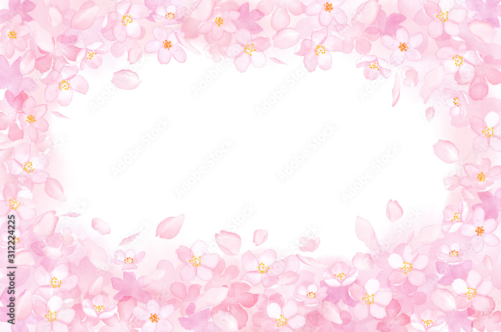 春の花：さくらと散る花びらの囲みフレーム　水彩イラスト