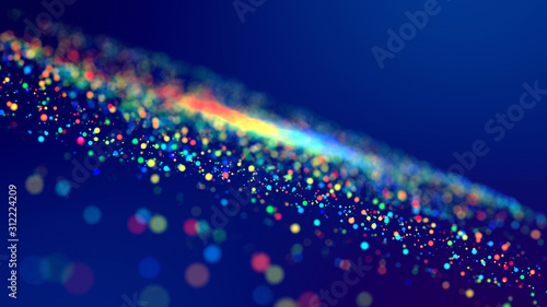 cloud of multicolored particles fly in air slowly or float in liquid like sparkles on dark blue background. Beautiful bokeh light effects with glowing particles. 17 © Green Wind