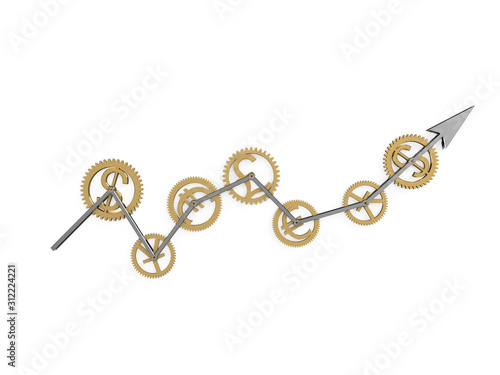 3d render of growing currency exchange chart with cogwheels