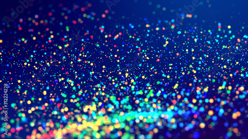 cloud of multicolored particles fly in air slowly or float in liquid like sparkles on dark blue background. Beautiful bokeh light effects with glowing particles. 18