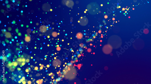 cloud of multicolored particles fly in air slowly or float in liquid like sparkles on dark blue background. Beautiful bokeh light effects with glowing particles. 20 photo