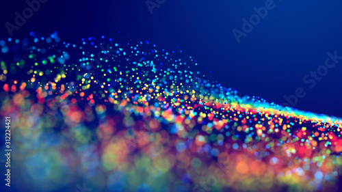 cloud of multicolored particles fly in air slowly or float in liquid like sparkles on dark blue background. Beautiful bokeh light effects with glowing particles. 44