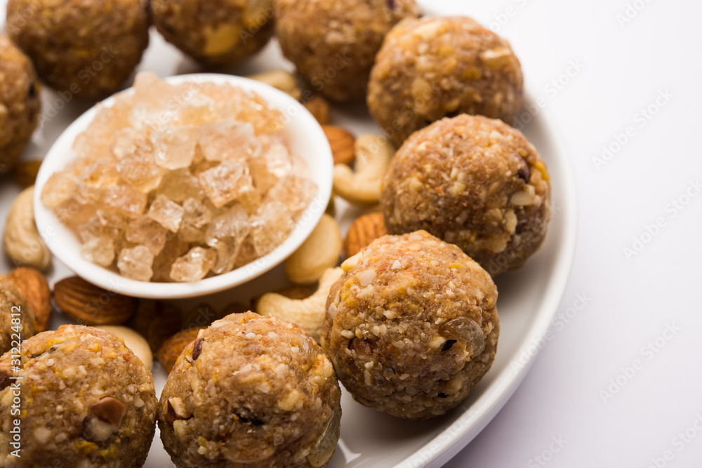 sweet Dink laddu also known as Dinkache ladoo or gond ke laddoo made using edible gum with dry fruits sweet Dink laddu also known as Dinkache ladoo or gond ke laddoo made using edible gum with dry fruits