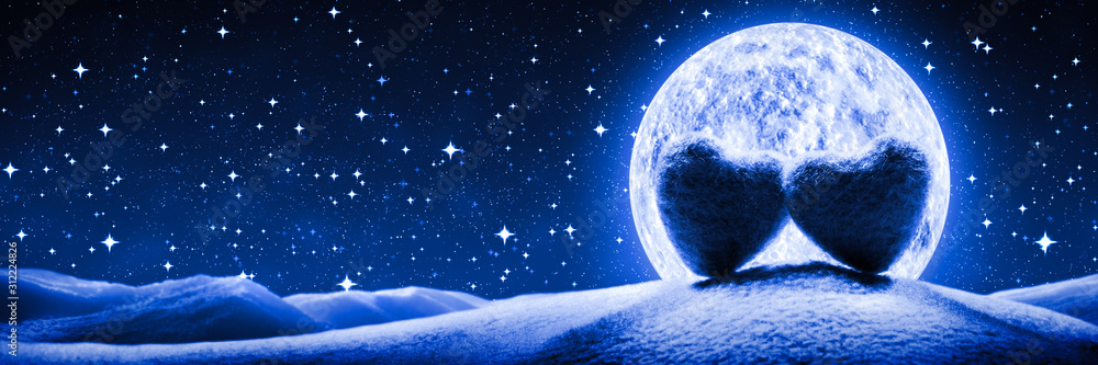 Two Soft Hearts In Front Of Full Moon On Hill With Starry Sky Background - Valentine's Day Concept - obrazy, fototapety, plakaty 