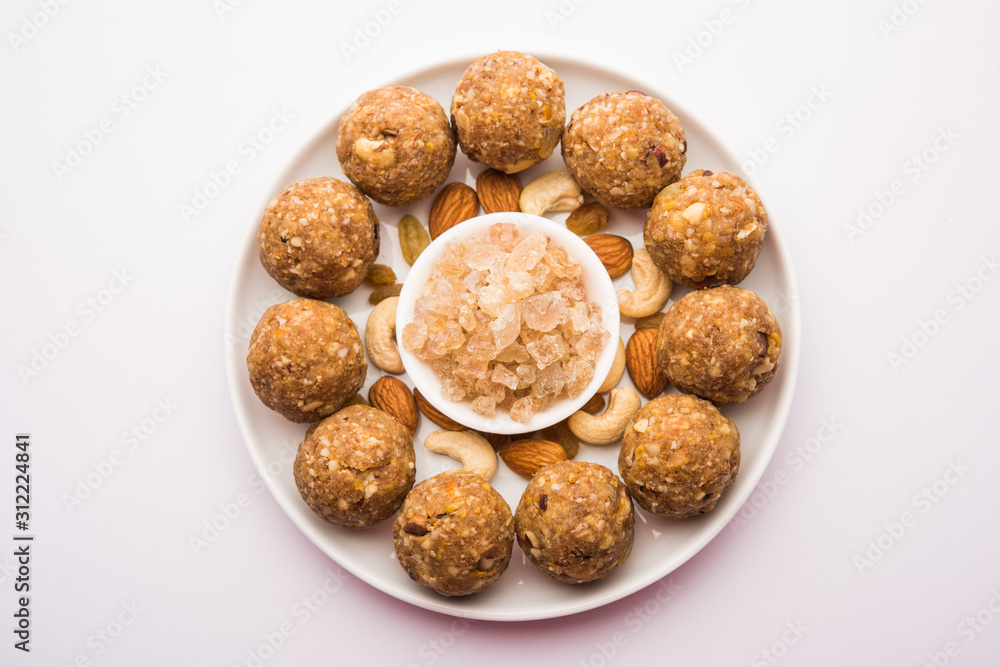sweet Dink laddu also known as Dinkache ladoo or gond ke laddoo made using edible gum with dry fruits sweet Dink laddu also known as Dinkache ladoo or gond ke laddoo made using edible gum with dry fruits