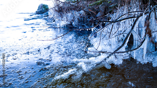 Splashing ice water forming icicles to nearby branches.