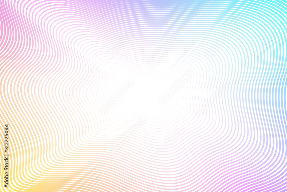 Iridescent striped background. Squiggle thin curves. Pastel magenta, yellow, teal gradient. Energetic line art pattern with flash effect. Concept of perspective. Vector abstract wavy frame. EPS10