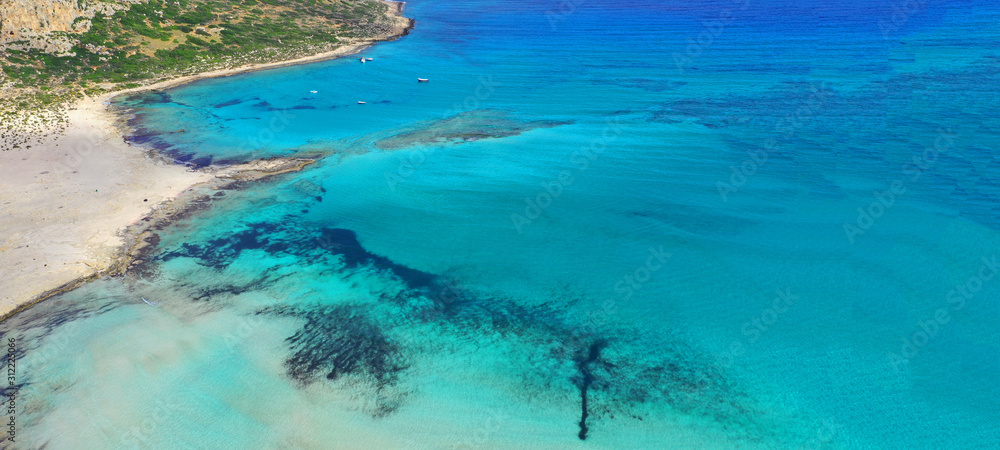 Aerial drone ultra wide photo of paradise turquoise bay in exotic destination