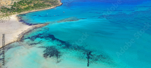 Aerial drone ultra wide photo of paradise turquoise bay in exotic destination