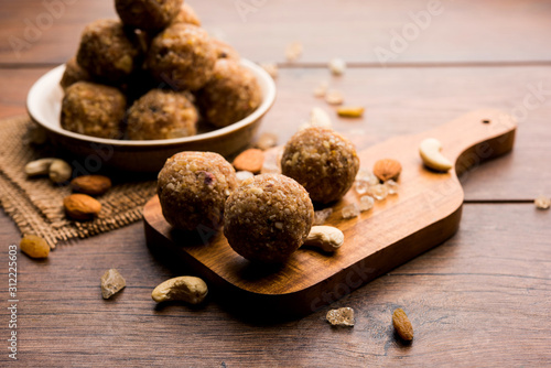 sweet Dink laddu also known as Dinkache ladoo or gond ke laddoo made using edible gum with dry fruits  photo