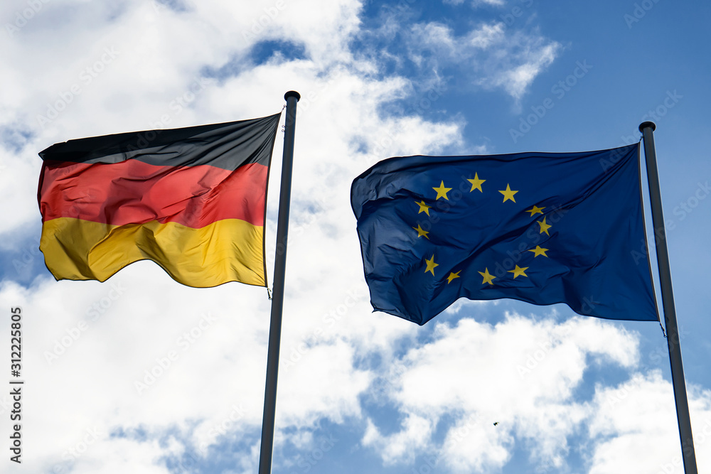 State flag of Federal Republic of Germany and the flag of the European Union. State flag of Federal Republic of Germany and the flag of the European Union.