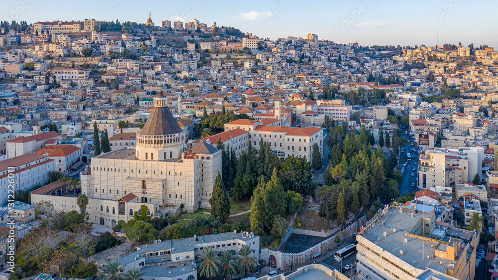 Nazareth Closeup from Drone at Sunset in Israel