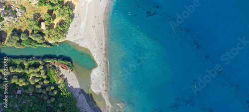 Aerial drone ultra wide photo of beautiful tropical exotic paradise Hawai island turquoise sandy bay