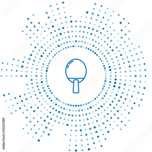 Blue line Racket for playing table tennis icon isolated on white background. Abstract circle random dots. Vector Illustration