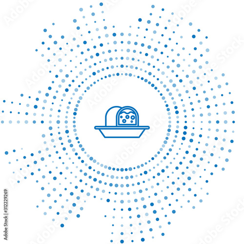 Blue line Marzipan sponge cake icon isolated on white background. Merry Christmas and Happy New Year. Abstract circle random dots. Vector Illustration