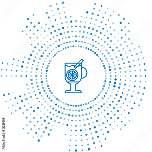 Blue line Mulled wine with glass of drink and ingredients icon isolated on white background. Cinnamon stick, clove, lemon slice. Abstract circle random dots. Vector Illustration